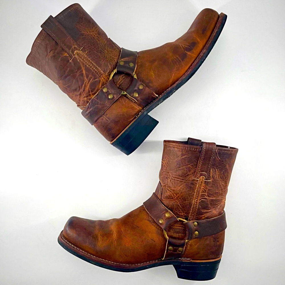 Frye 8R Distressed Brown Leather Brass Engineer Harness Motorcycle Biker Boots - Picture 2 of 8